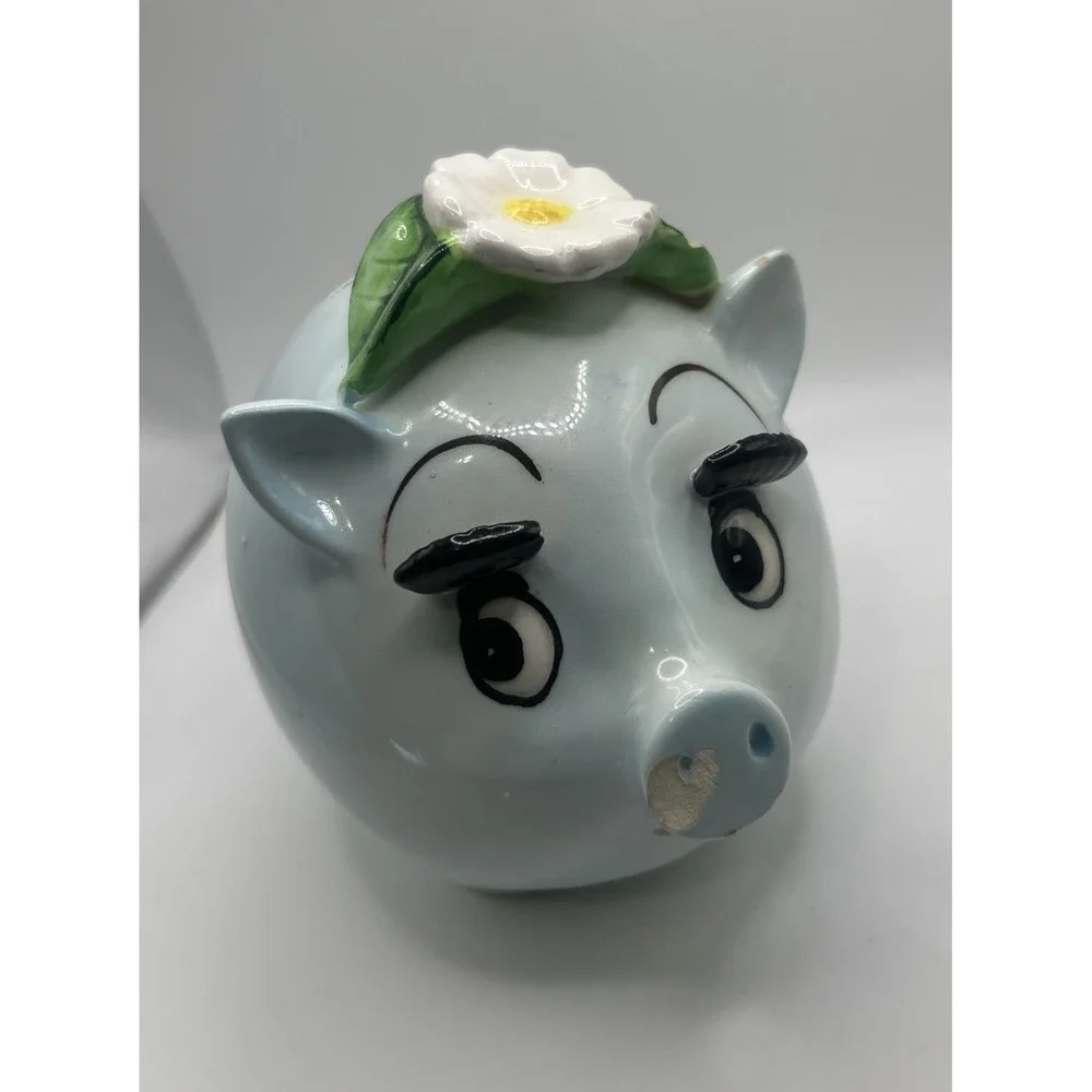 Ceramic Anthropomorphic Blue Piggy Bank Daisy Flower Long Eyelashes Vintage
